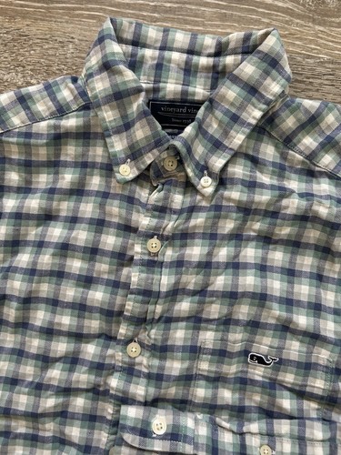 Vineyard Vines Button Down Shirt Classic Fit Linen Blend Plaid sz M Blue Whale