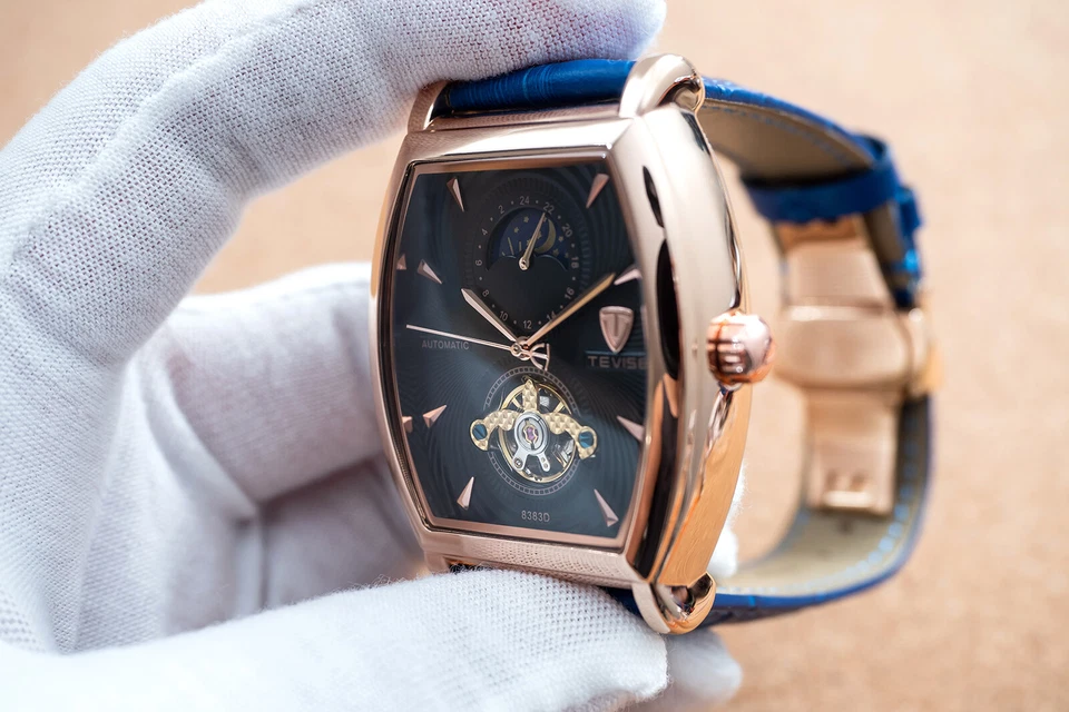 Reloj mecánico automático fase lunar oro rosa para hombre cuero azul esfera 24 horas Foto 4 de 4