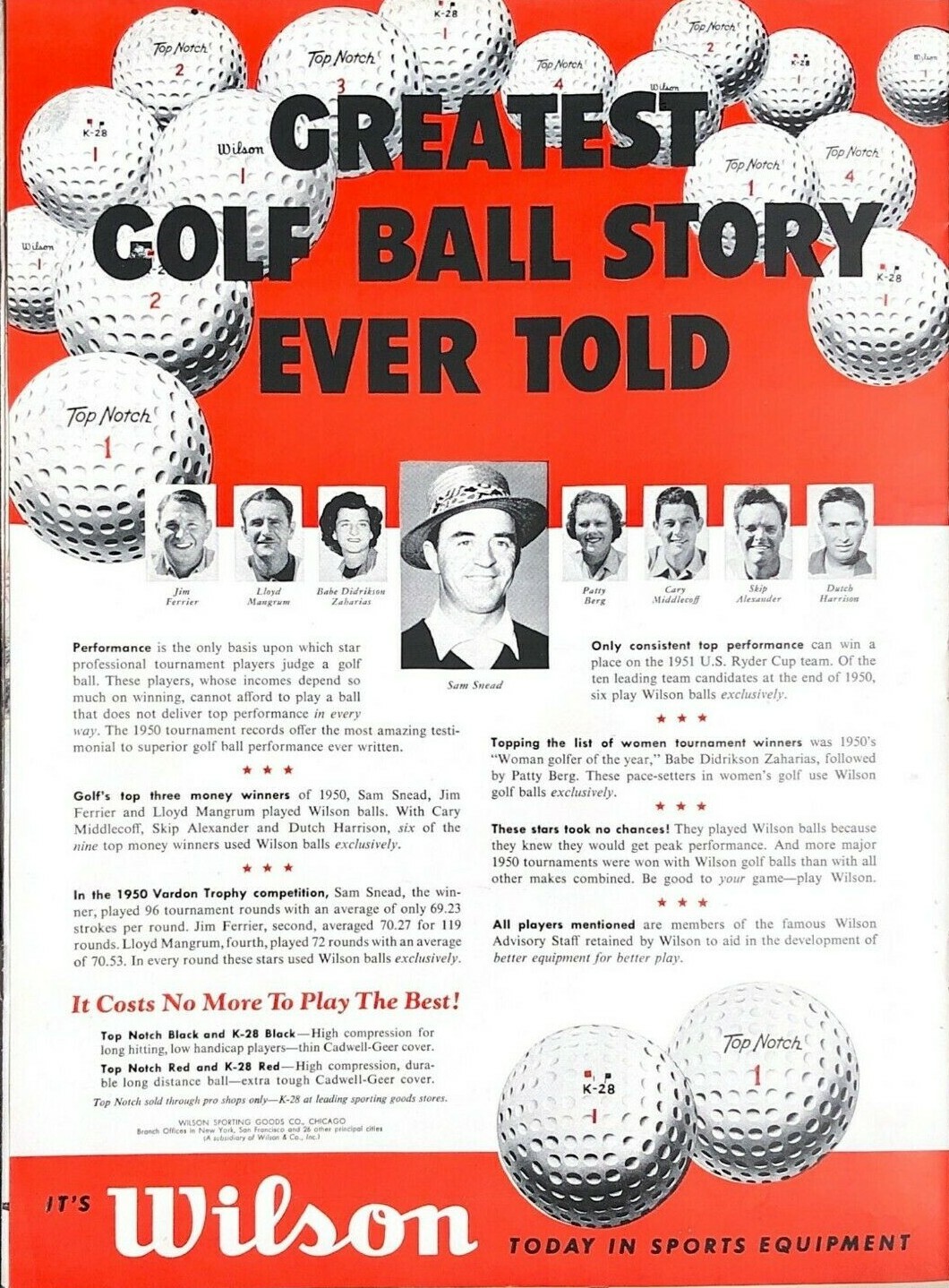 1951 Wilson Vintage Print Ad Sam Snead Greatest Golf Ball Story Ever Told