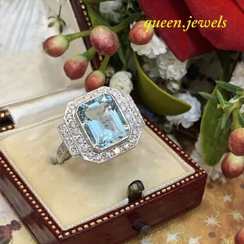 Emerald Cut 2.54CT Lab-Created Aquamarine Engagement Halo Ring 14K White Gold FN - Picture 4 of 6