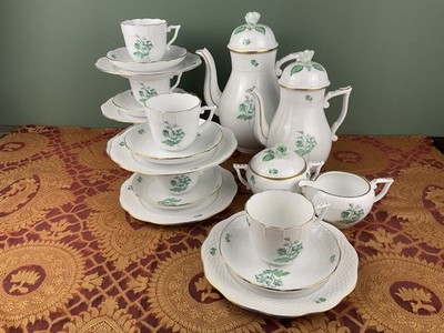 6 Personen Kaffeeservice Herend grüne Blume 2 Kannen