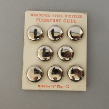 EIGHT Vintage Hardened Steel Nickeled FURNITURE GLIDES 5/8" Original Card NEW
