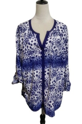 Fred David Blouse SZ 2X Blue Black White Ombre Print Button Up Roll Tab Sleeves