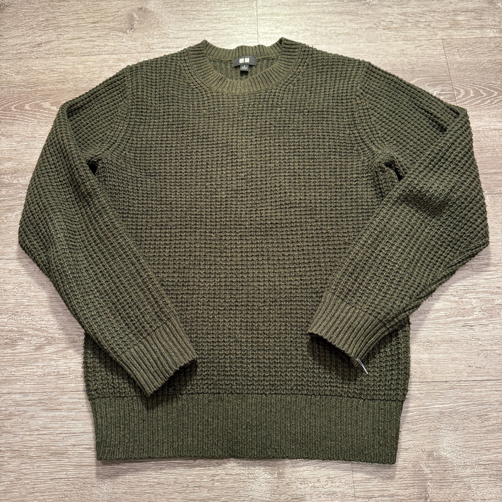 Uniqlo Sweater Mens Small Green Wool Crew Neck Casual Minimal Chunky Knit Lounge
