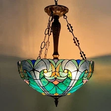 COTOSS Tiffany Pendant Light Fixture,18" Wide Sea Green Stained Glass Inverte...