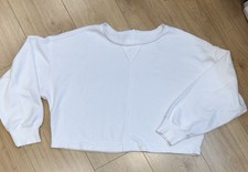 Aerie Womens White Cropped Sweatshirt Distressed Hem Crew Neck Pullover Large