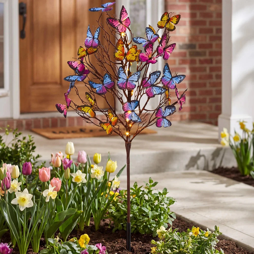 Solar Butterfly Tree Garden Stake Swaying Outdoor Pathway LED Light Yard Decor