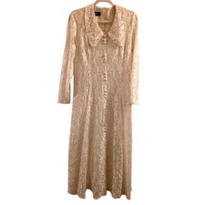 Vtg 80s Elegant Ivory Lace Button-Down Maxi Dress Sheer W/Slip Dress Bridal