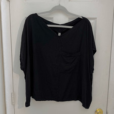Cynthia Ashby Short Sleeve Boxy Blouse Size 1 Black Stretchy V Neck Flowy