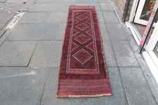 Vintage Hand Made Afghan Mushvani Oriental Red Blue Wool Narrow Runner 256x65cm
