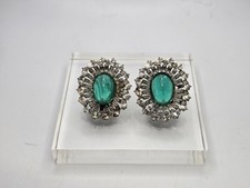 TRIFARI Vintage Green Clear Glass Cabochon Clip-on Earrings 30mm 29.1g