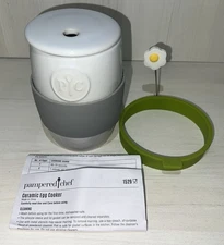 Pampered Chef Ceramic Microwave Egg Cooker w/Sleeve & Novelty Egg Ring NWOB