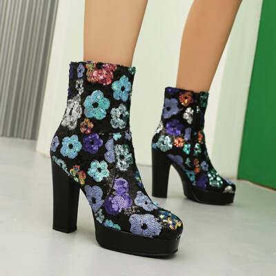 Women's 2024 Fashion Square Toe Sequin Flower Block Heel Ankle Boots Shoes 