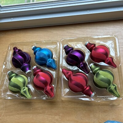 8 Ornaments Teardrops Glass Striped Flocked Purple, Lime Green, Fuchsia Bright