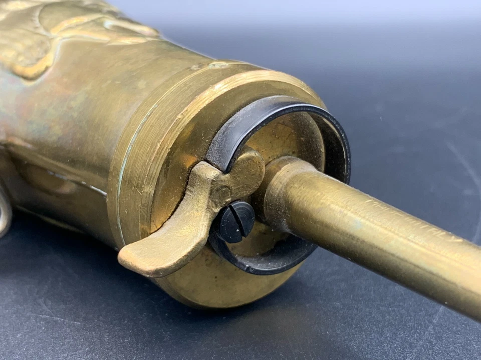 Antique Italian Replica Black Powder Flask Embossed Bronze Brass Hanging Hook - Image 4 of 4