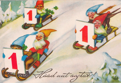 Estland AK Neujahr Fantasy Wichtel Elfen Schlitten Schneeberg 1930er