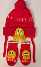 Vintage "Hello Dolly" Children's Winter Hat Mittens Set - Handmade - Knit Pom