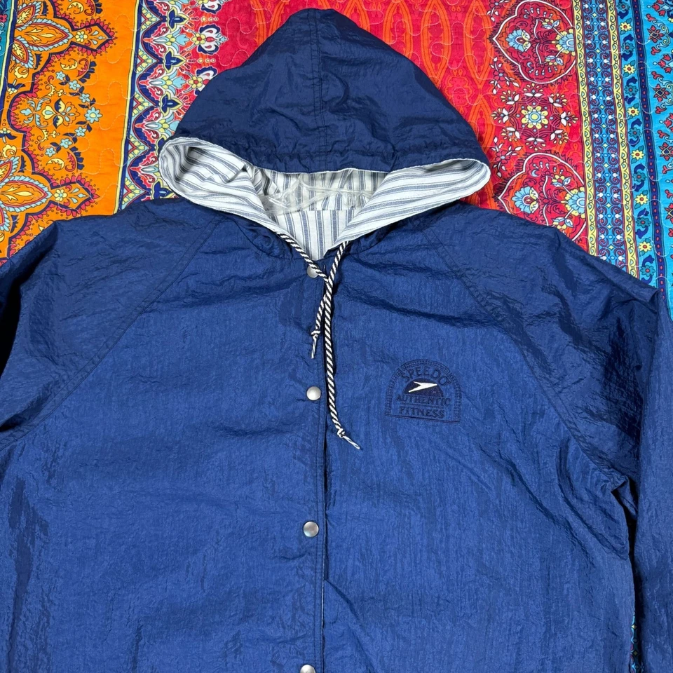 Speedo Fitness Reversible Blue Hooded Jacket Striped & Solid Drawstring Hem M - Image 3 of 4