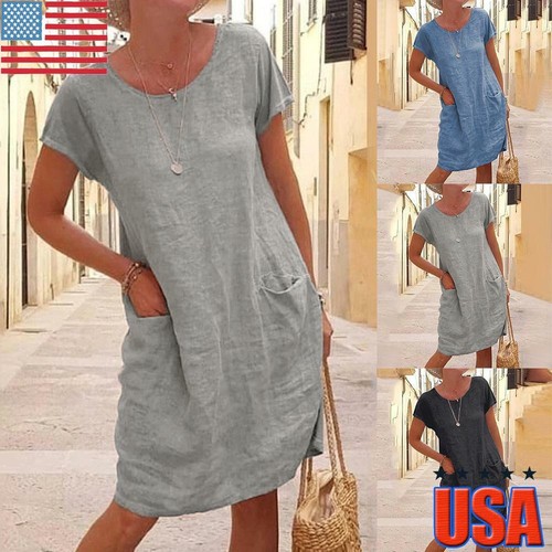 Womens Cotton Linen Casual Baggy Mini 