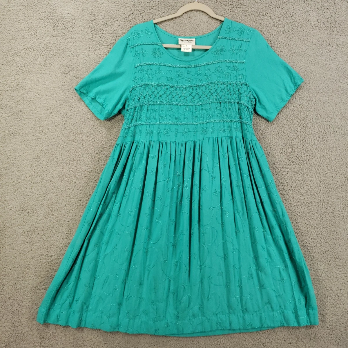 Serengeti Dress Womens Medium Teal Embroidered Tie Back Boho