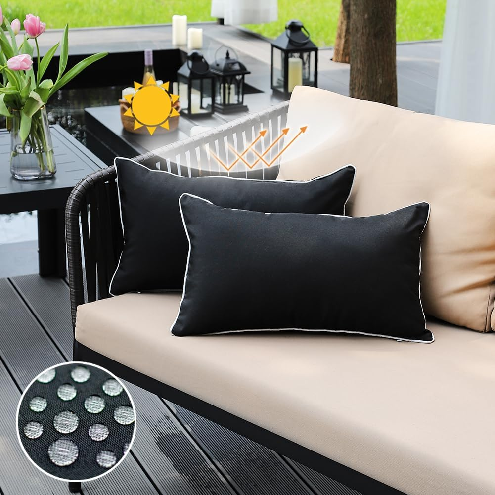 12x20 Black Outdoor Lumbar Pillow Covers Set Waterproof Sunproof