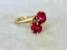 1Ct 100% NATURAL Round Cut Ruby Two Stone Engagement Ring 14K Yellow Gold Plated