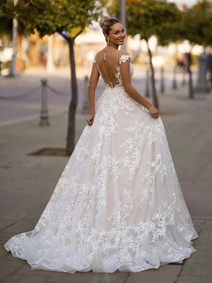 nude backless dress Mermaid Backless V Neck Lace Cap Sleeves Wedding Dress with Appliques –  Promnova main image 1