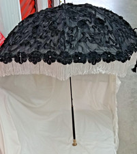 Victorian Mid-Late 1800s folding carriage Sewn Black Roses parasol w/ White Frin