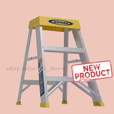 2 Step Aluminum Step Stool Ladder WERNER 2 Ft 300 Lb Load Capacity Silver Yellow