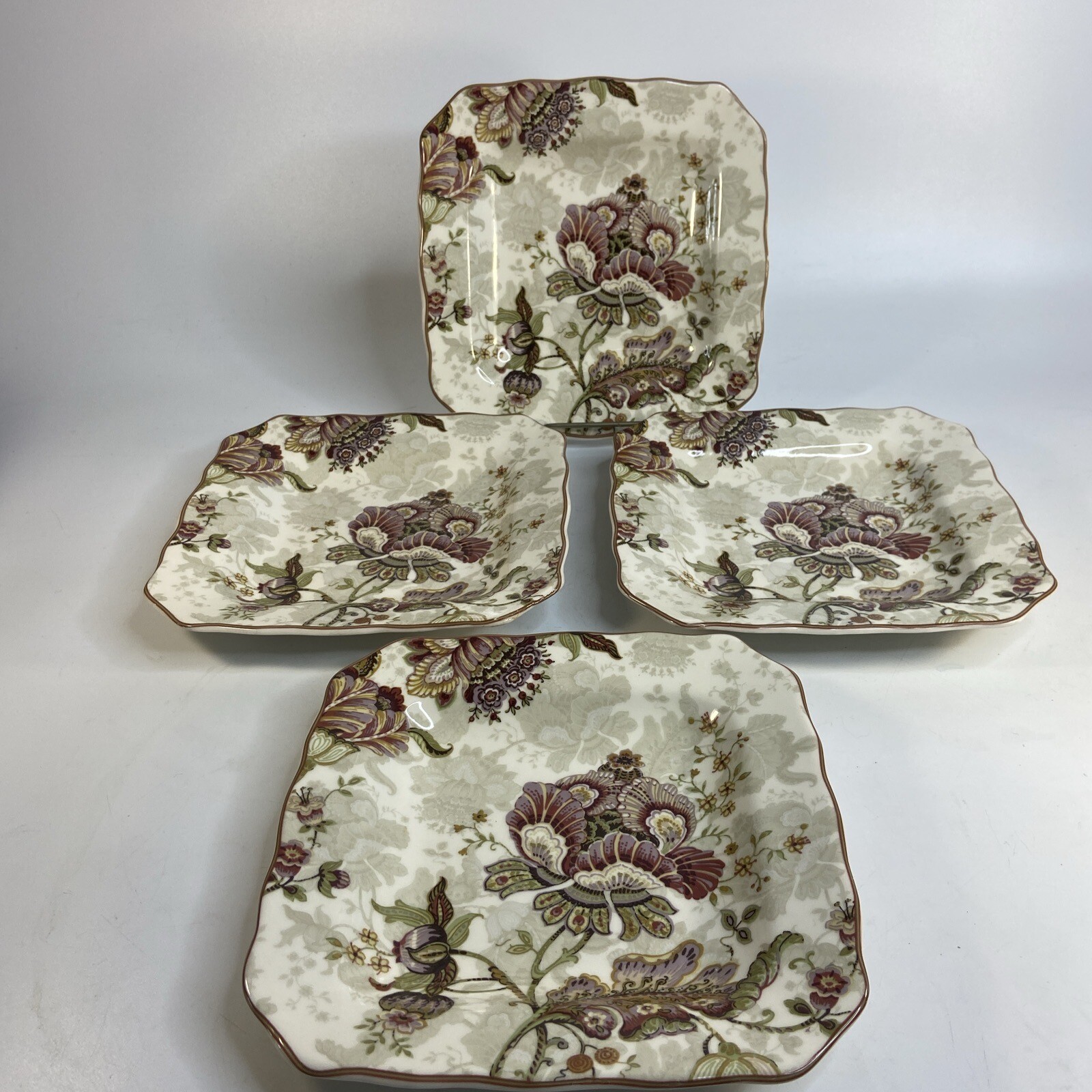 222 Fifth Gabrielle Appetizer Plate Set 4 Square Floral Paisley Cream