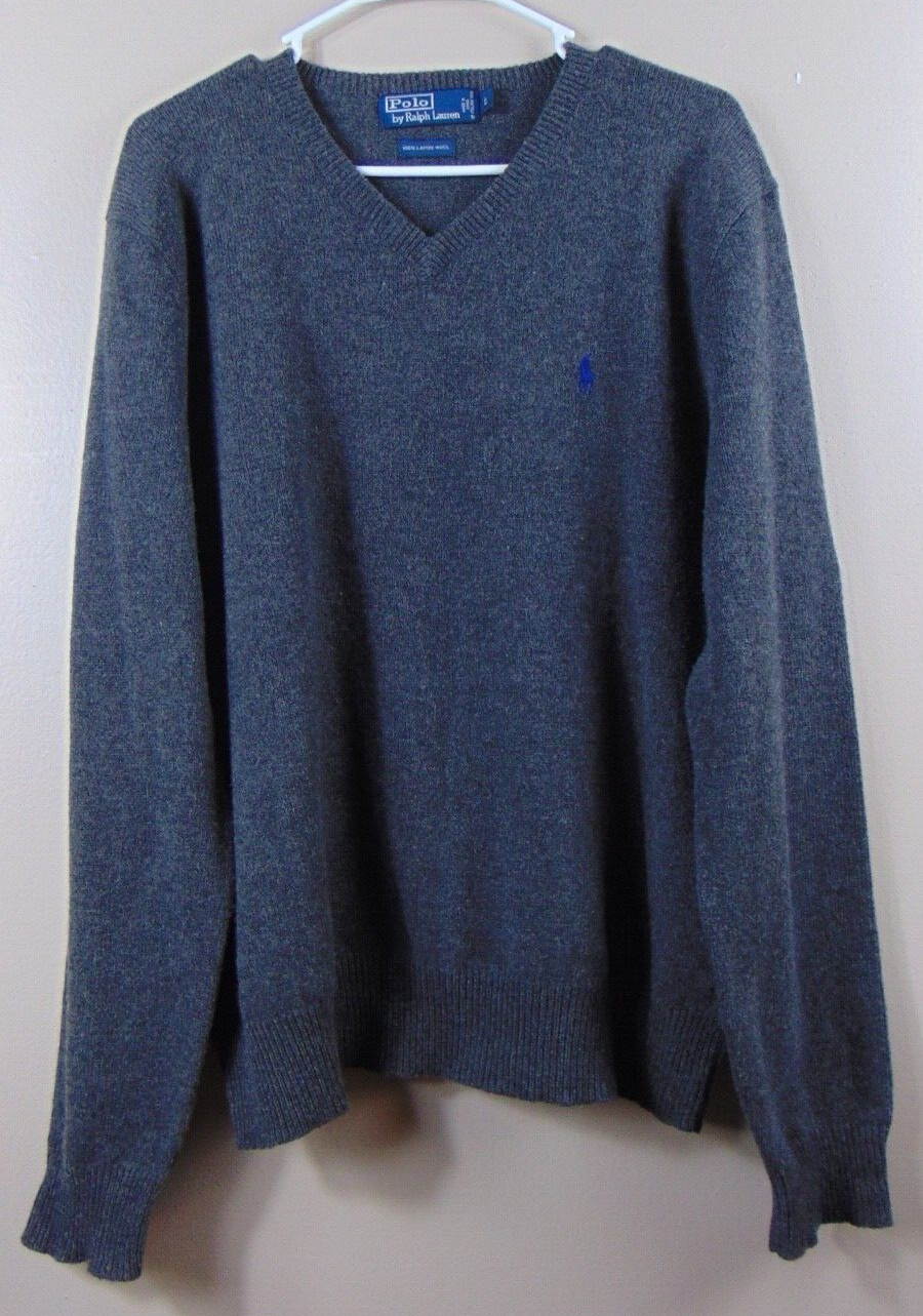 Polo Ralph Lauren Mens Size Large Gray Lambswool Pullover Pony V-Neck Sweater