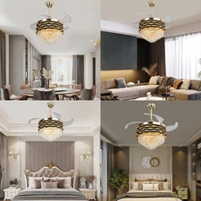 42″ LED Retractable Chandelier Ceiling Fan 3 Light Colors Lamp W/ Remote Control