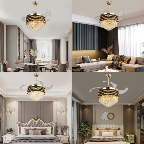 42″ LED Retractable Chandelier Ceiling Fan 3 Light Colors Lamp W/ Remote Control