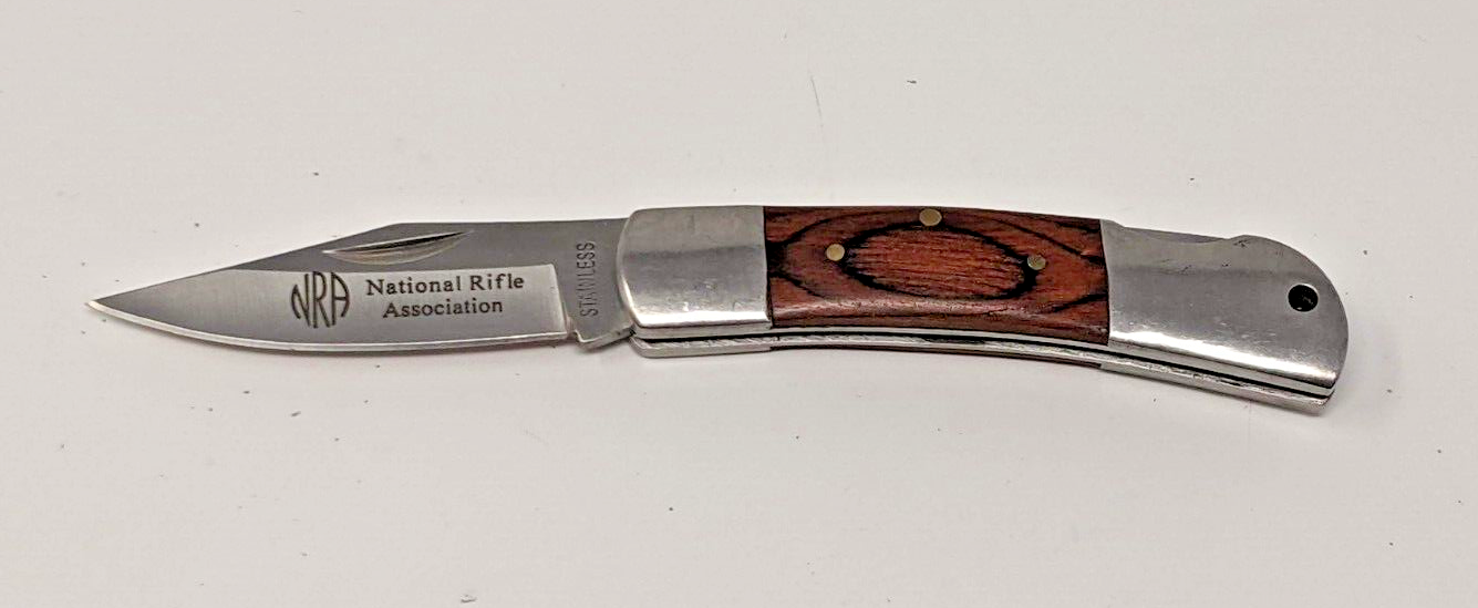 NRA 440 Stainless Steel Folding Pocket Knife Plain Lockback Wood w/SS