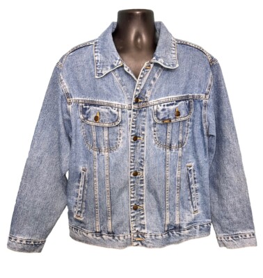 Lee Trucker Blue Denim Jean Jacket Leather Tag Large Vintage