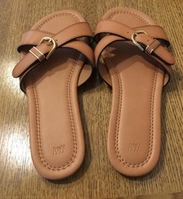 H&M Tan Leather Look Flat Sandals Cross Over Buckle Slides Size UK 6 EU 39