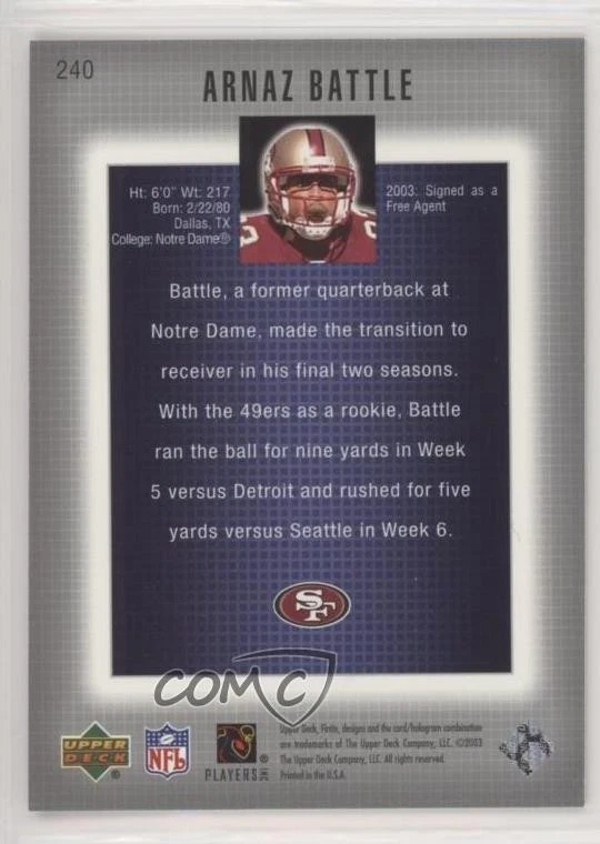 2003 Upper Deck Finite Finite Rookie /999 Arnaz Battle #240 Rookie RC - Image 2 of 2