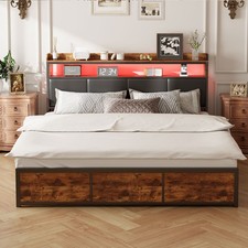 Polsterbett LED Doppelbett 180x200 cm mit Ladefunktion und 4 Schubladen Schwarz