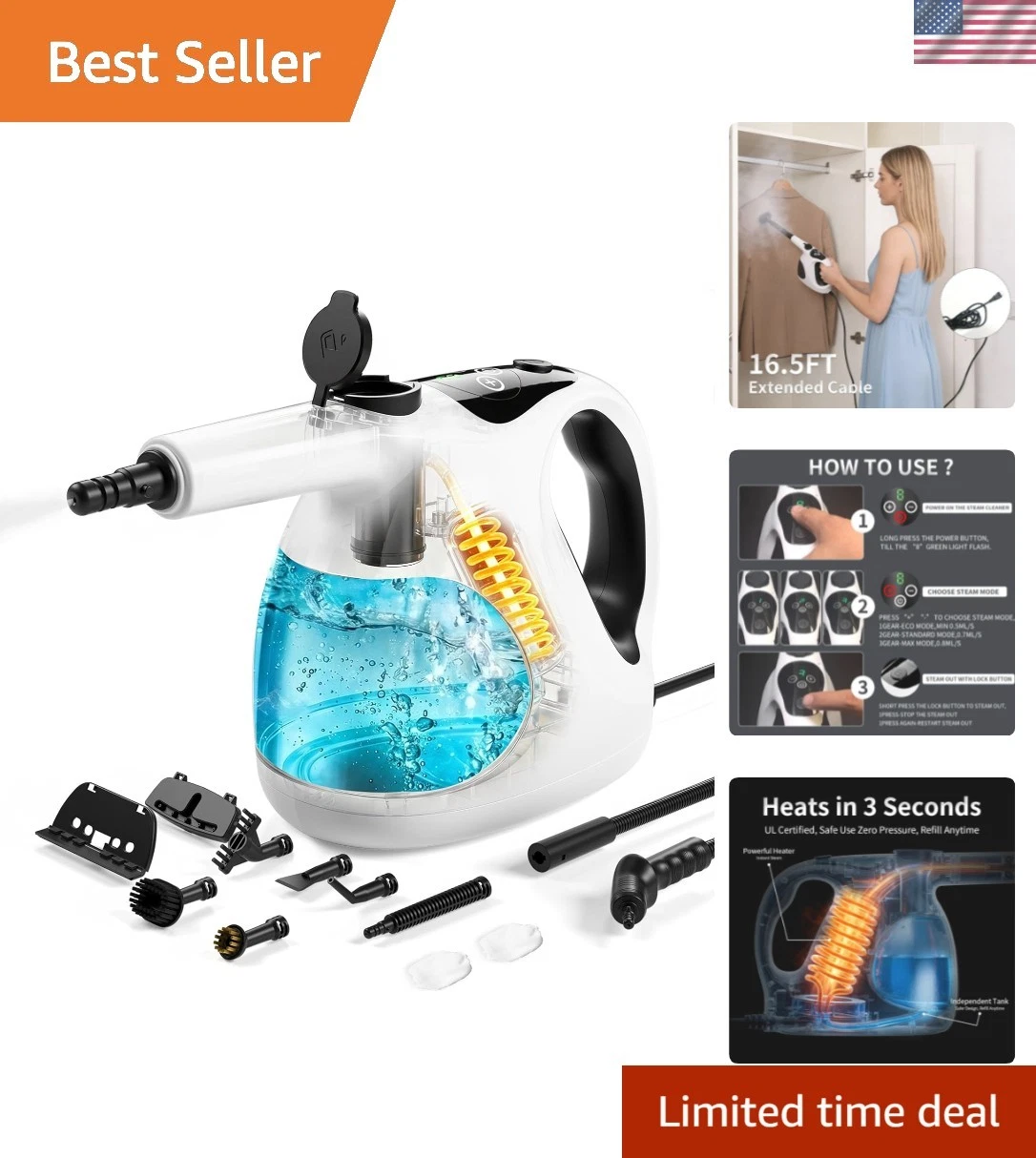 Handheld Steam Cleaner for Home,3s Instant Heated-Up Steam Cleaner,16.5ft Pow...