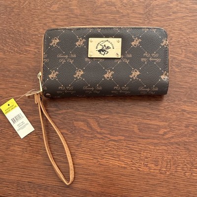 Beverly Hills Polo Club Brown Zip-Around Wristlet Wallet with Gold Logo