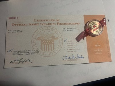 Cert.of Official Asset Grading - James Garfield $1 U.S. Gold Coin - 2011 P - UNC