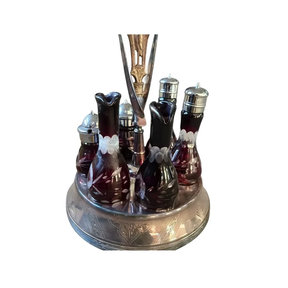 Викторианский рубиновый красный стеклянный набор из 8 шт. круизных касторов богемная посеребренная подставка - Изображение 3 из 4