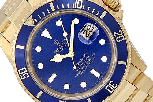 Rolex 40mm Submariner 18K Yellow Gold Watch 16618 Blue Dial w/...