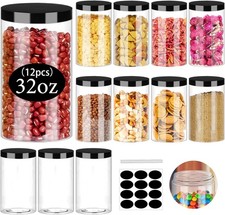 Clear Plastic Jars 32oz 12Pack Big Round PET Plastic Containers with Black Screw