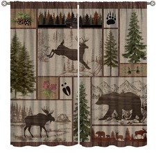 Rustic Cabin Curtains, Retro Moose Deer Bear Farmhouse Lodge Window Treatment...