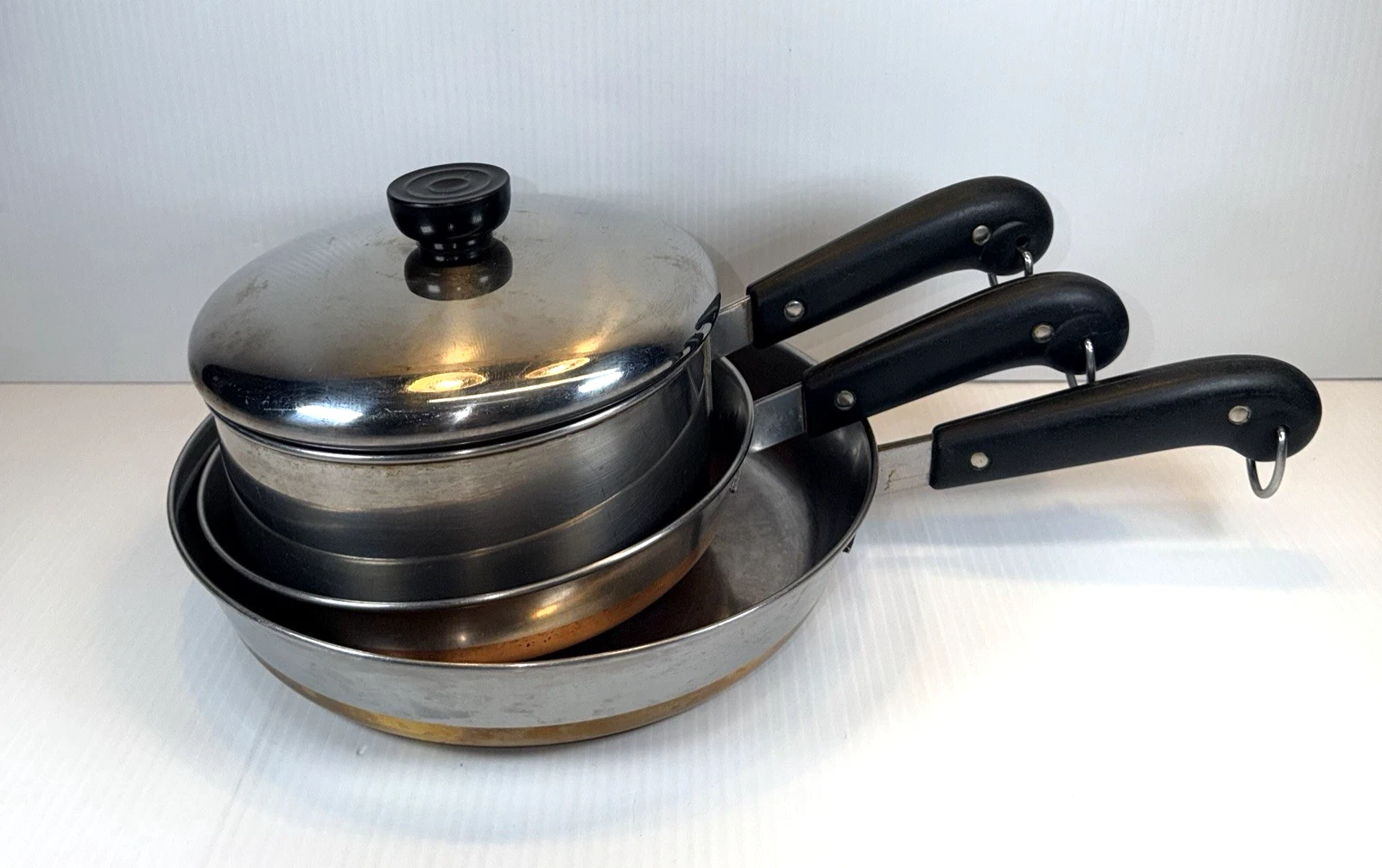 Vintage 1801 Revere Ware 8" & 10" Skillet and Small Pot w/ Lid Lot of 4 EUC