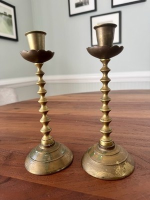 2 Vintage Brass Candlestick Holders Lotus Cups 8  Spindle Rib Knotted Twisted