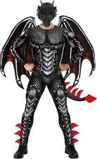 Men`s Black Red Fire Dragon Costume Wings Mask Adult Halloween Fancy Dress M-XXL