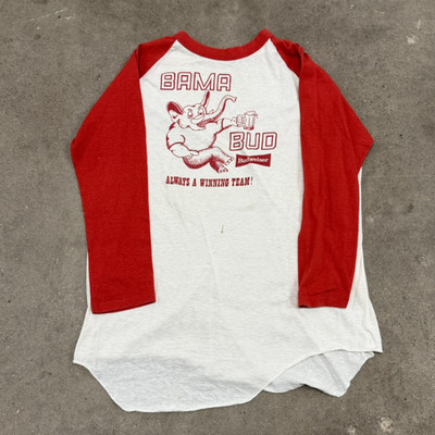70s VINTAGE BUDWEISER BAMA BEER 3/4 SLEEVE RAGLAN T-SHIRT MEN SZ XL WHITE RED