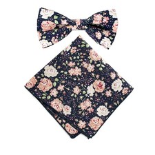 Men's Cotton Floral Print Bow Tie and Pocket One Size 59-navy Blush Pink